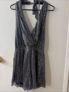 Sparkle Halter V-Neck Party Jumper in Charcoal Silver